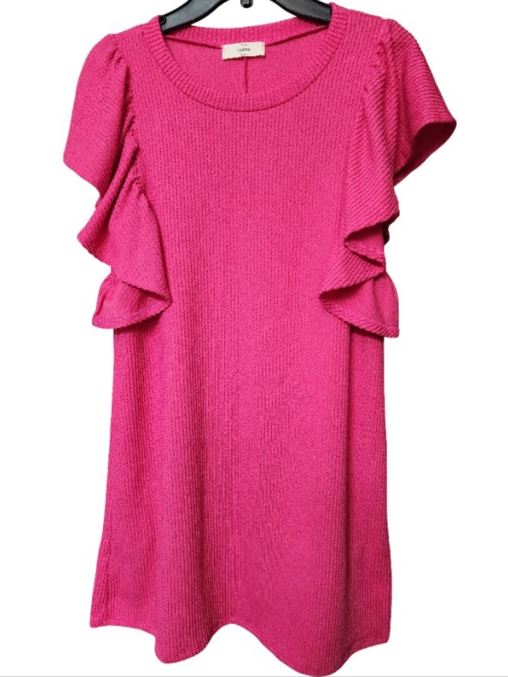 ENTRO Hot Pink Ruffle Flutter Sleeve Ribbed Knit Shift Mini Dress Festival Sz S